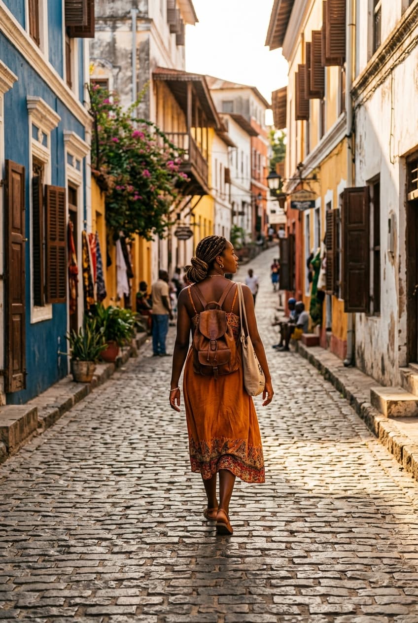 A traveler walking through sunlit historic coastal architecture