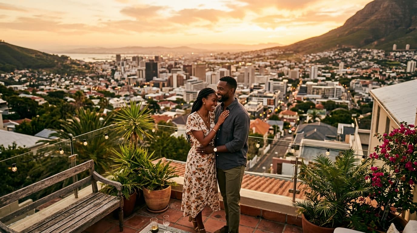 A couple sharing a moment on a rooftop terrace at golden hour overlooking an African city